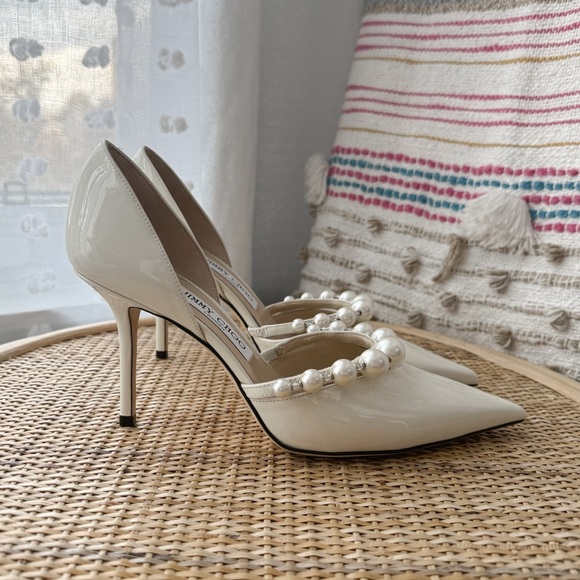Jimmy Choo Aurelie 85 Latte White Faux Pearl Embellished Patent Leather Pumps 39 - Picture 4 of 11